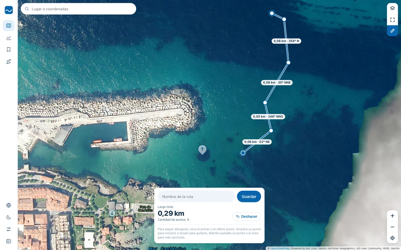 Fishinghub en un ordenador: una ruta medida sobre el mapa, con su distancia y rumbo