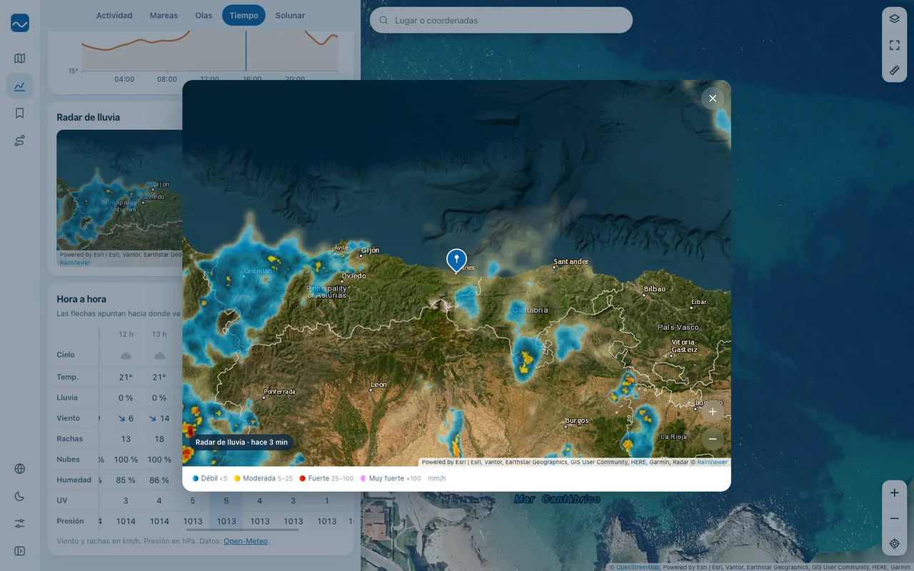 Fishinghub en un ordenador: el radar de lluvia a pantalla grande sobre la previsión del tiempo