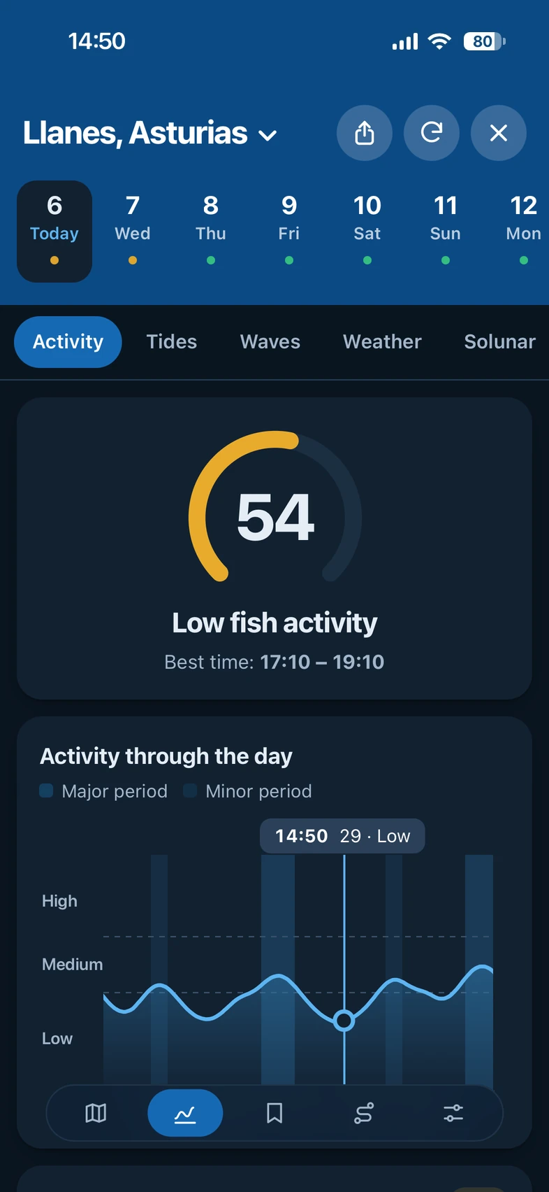 The Activity tab of Fishinghub on a phone: fish activity score and its chart through the day