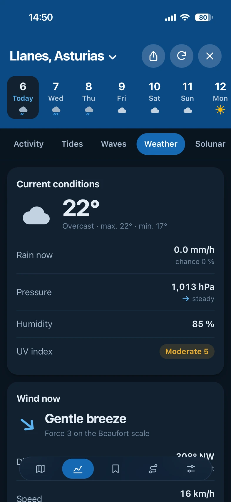 The Weather tab of Fishinghub on a phone