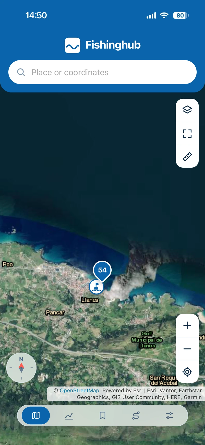The Map tab of Fishinghub on a phone