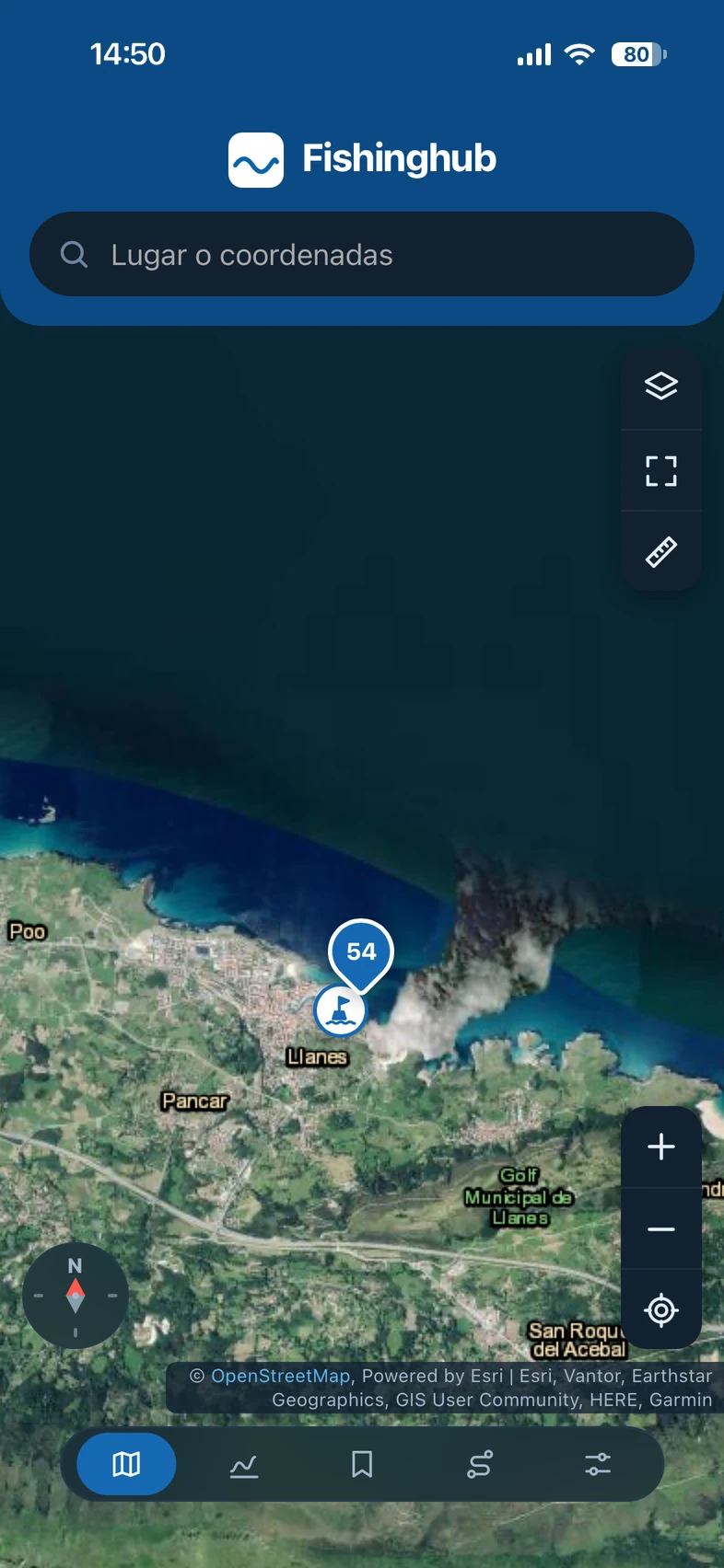 La pestaña Mapa de Fishinghub en un móvil