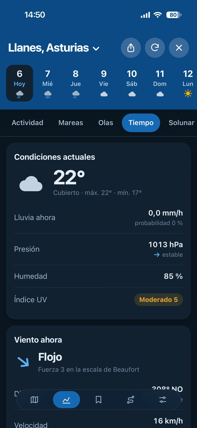 La pestaña Tiempo de Fishinghub en un móvil