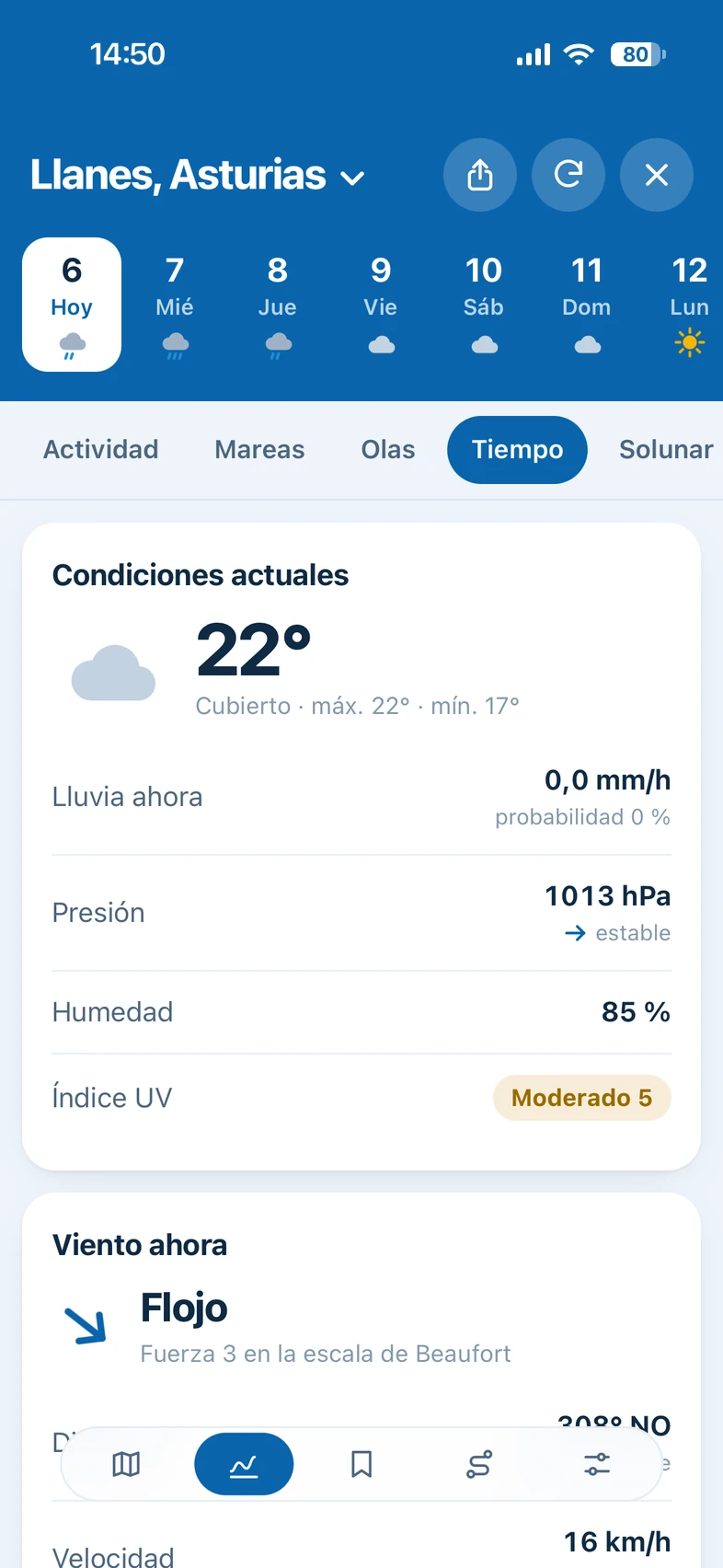 La pestaña Tiempo de Fishinghub en un móvil